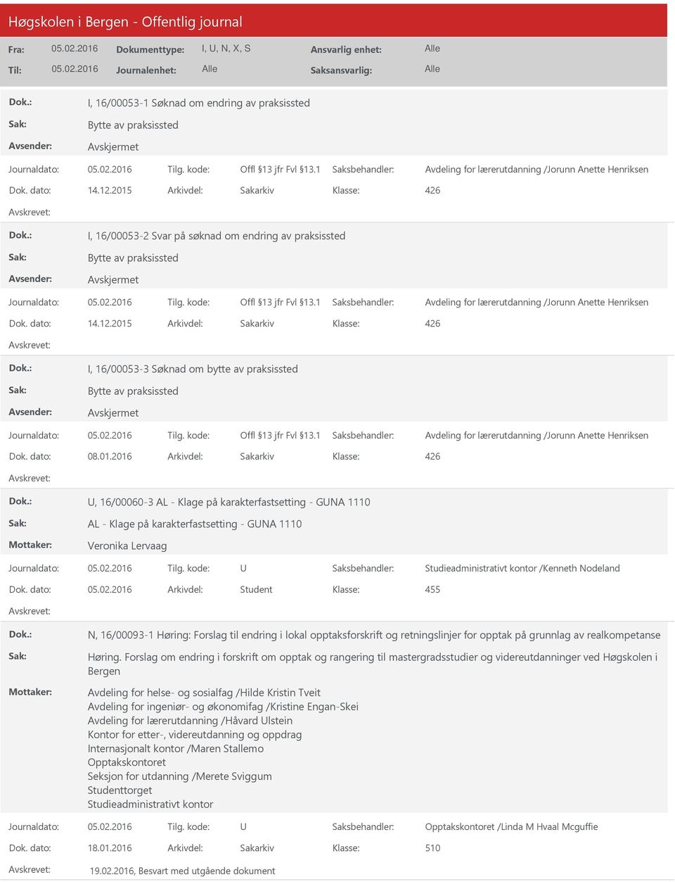 2015 Arkivdel: Sakarkiv I, 16/00053-3 Søknad om bytte av praksissted Bytte av praksissted Avdeling for lærerutdanning /Jorunn Anette Henriksen Dok. dato: 08.01.2016 Arkivdel: Sakarkiv, 16/00060-3 AL - Klage på karakterfastsetting - GNA 1110 AL - Klage på karakterfastsetting - GNA 1110 Veronika Lervaag Studieadministrativt kontor /Kenneth Nodeland Dok.