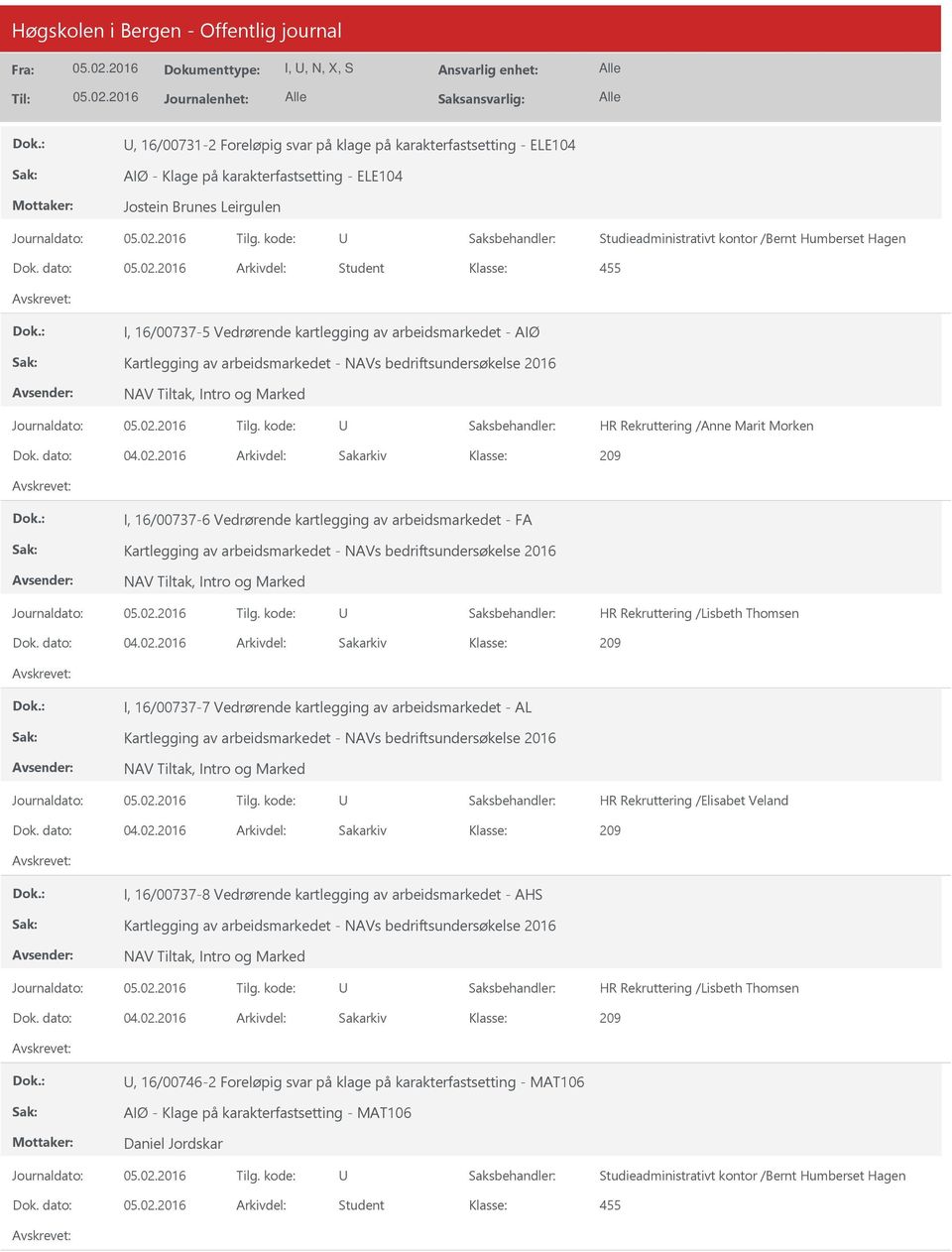 Rekruttering /Anne Marit Morken 209 I, 16/00737-6 Vedrørende kartlegging av arbeidsmarkedet - FA Kartlegging av arbeidsmarkedet - NAVs bedriftsundersøkelse 2016 NAV Tiltak, Intro og Marked HR