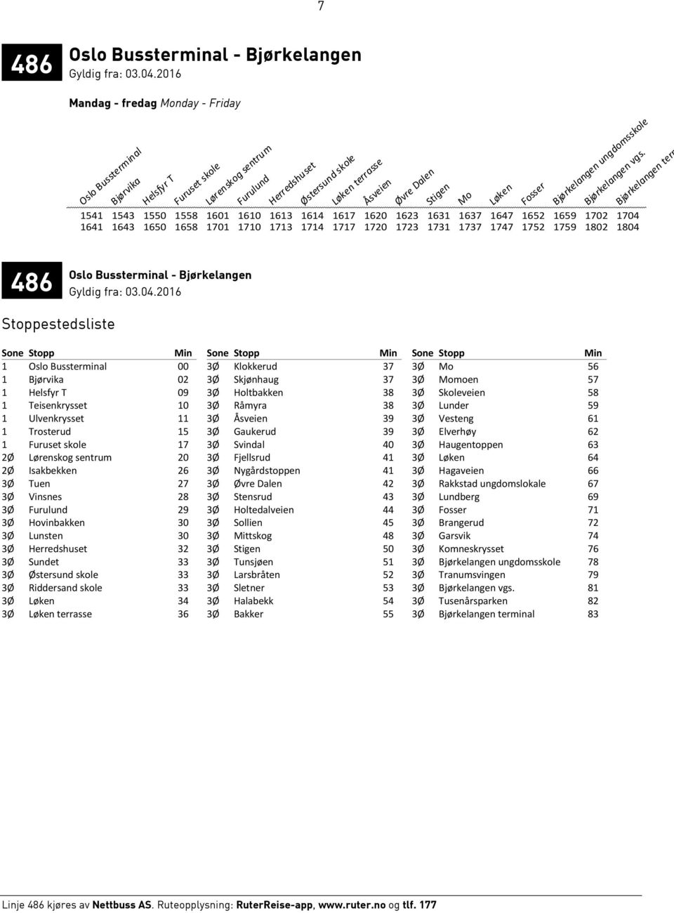 1802 1804 Bjørkelangen ter 486 Oslo Bussterminal - Bjørkelangen Sone Stopp Min Sone Stopp Min Sone Stopp Min 1 Oslo Bussterminal 00 3Ø Klokkerud 37 3Ø Mo 56 1 Bjørvika 02 3Ø Skjønhaug 37 3Ø Momoen 57