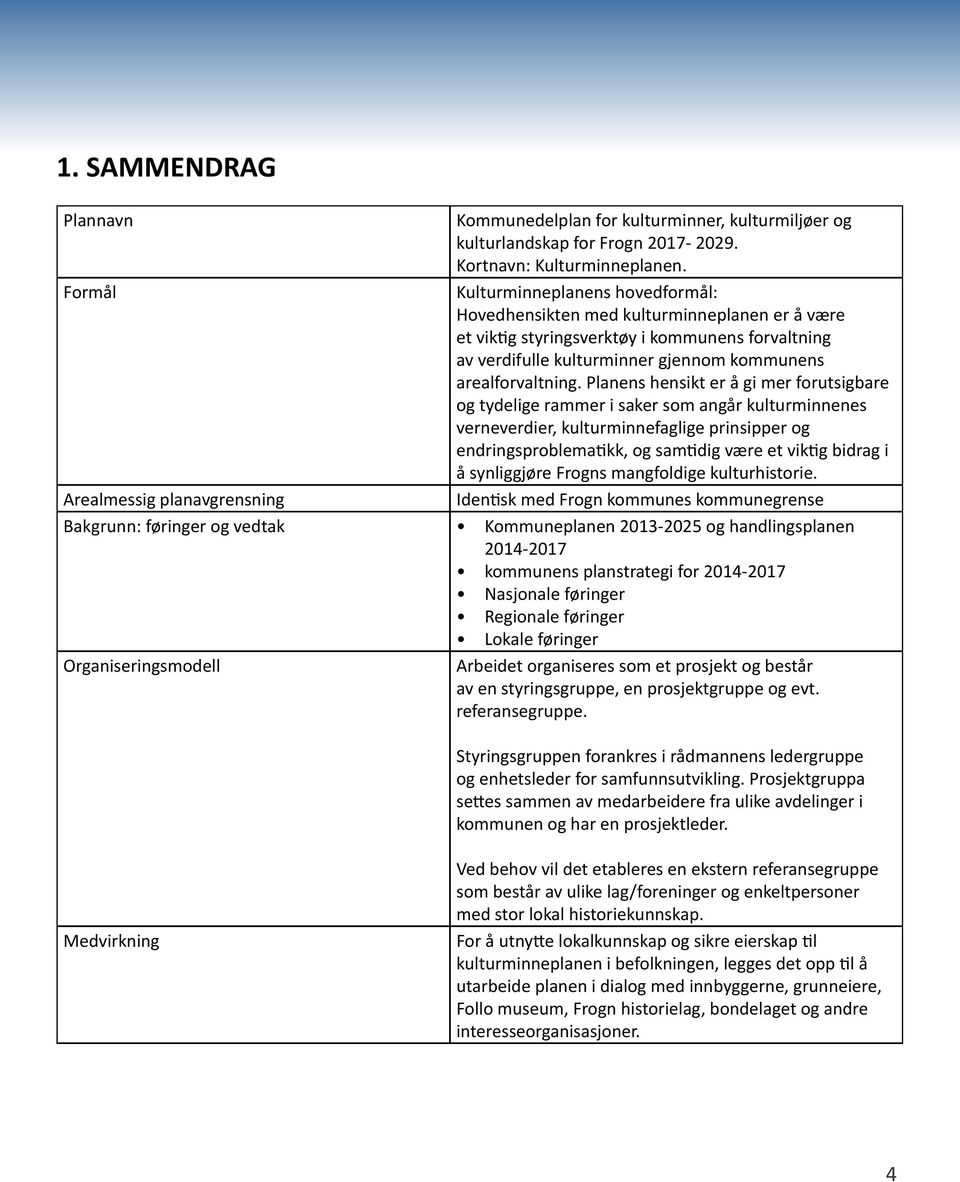 Planens hensikt er å gi mer forutsigbare og tydelige rammer i saker som angår kulturminnenes verneverdier, kulturminnefaglige prinsipper og endringsproblematikk, og samtidig være et viktig bidrag i å