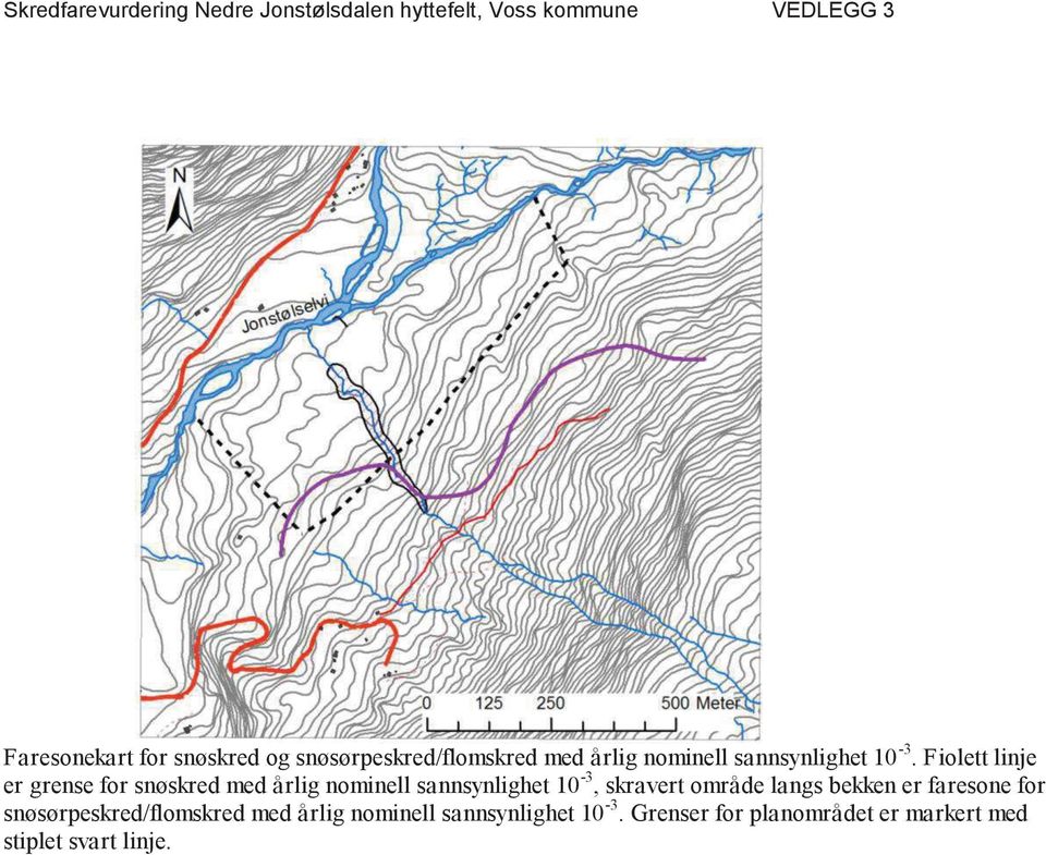 Fiolett linje er grense for snøskred med årlig nominell sannsynlighet 10-3, skravert område langs
