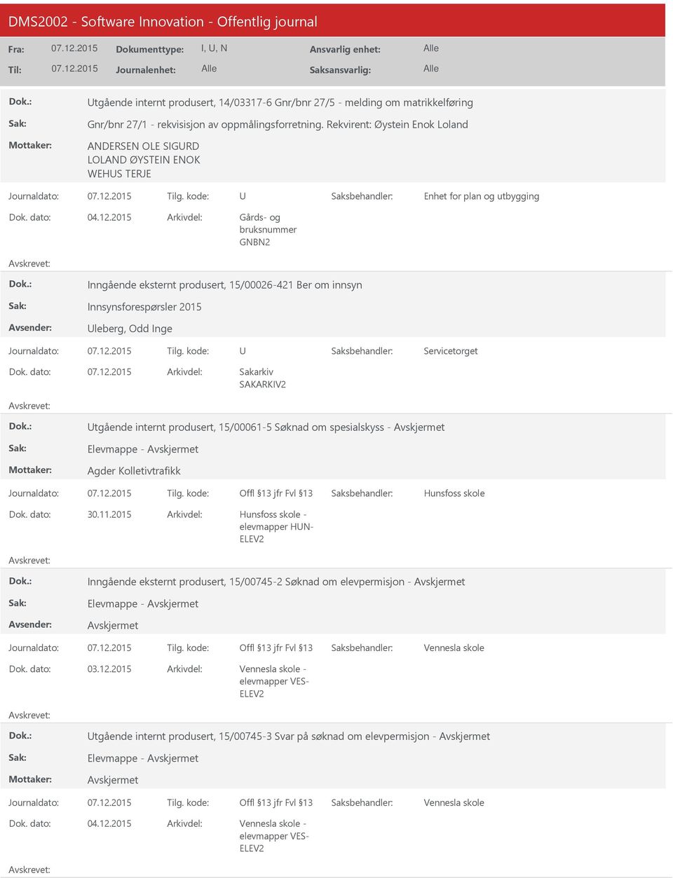 leberg, Odd Inge Servicetorget tgående internt produsert, 15/00061-5 Søknad om spesialskyss - Elevmappe - Agder Kolletivtrafikk Hunsfoss skole 30.11.