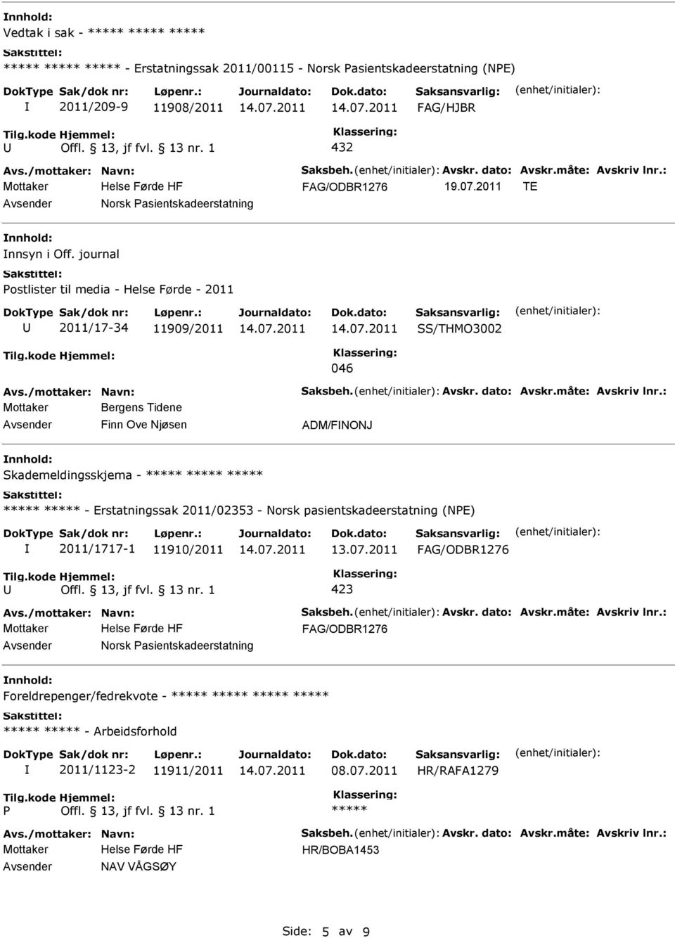 journal ostlister til media - Helse Førde - 2011 2011/17-34 11909/2011 SS/THMO3002 046 Mottaker Bergens Tidene Finn Ove Njøsen ADM/FNONJ