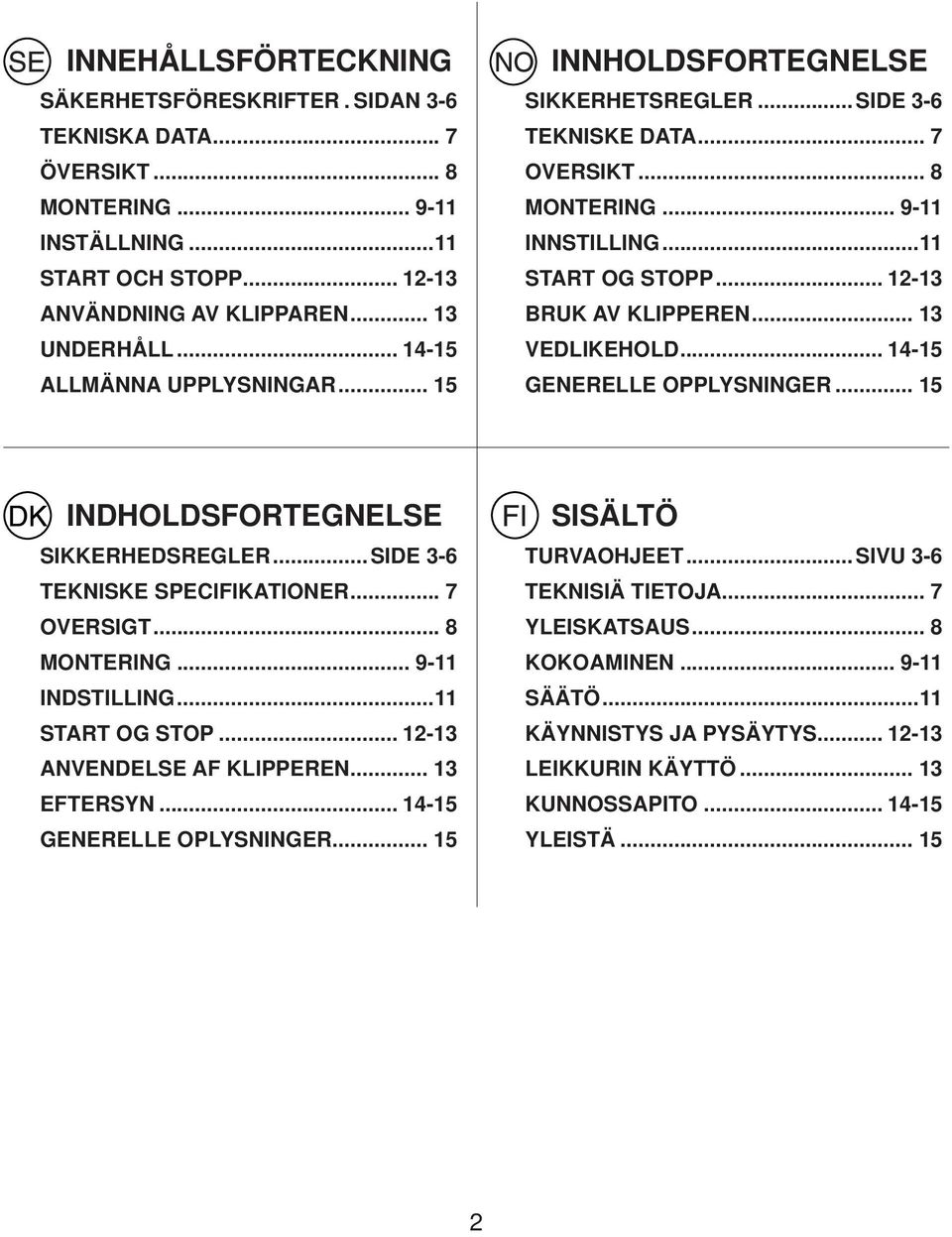 .. 13 VEDLIKEHOLD... 14-15 GENERELLE OPPLYSNINGER... 15 INDHOLDSFORTEGNELSE SIKKERHEDSREGLER...SIDE 3-6 TEKNISKE SPECIFIKATIONER... 7 OVERSIGT... 8 MONTERING... 9-11 INDSTILLING...11 START OG STOP.