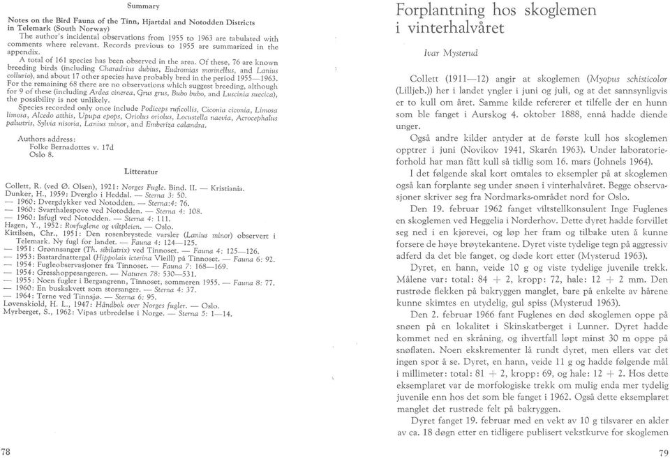 Of these, 76 are known breeding birds (including Charadrius dubius, Eudromias morinellus, and Lanitls collurio), and about 17 other species have probably bred in the period 1955-1963.