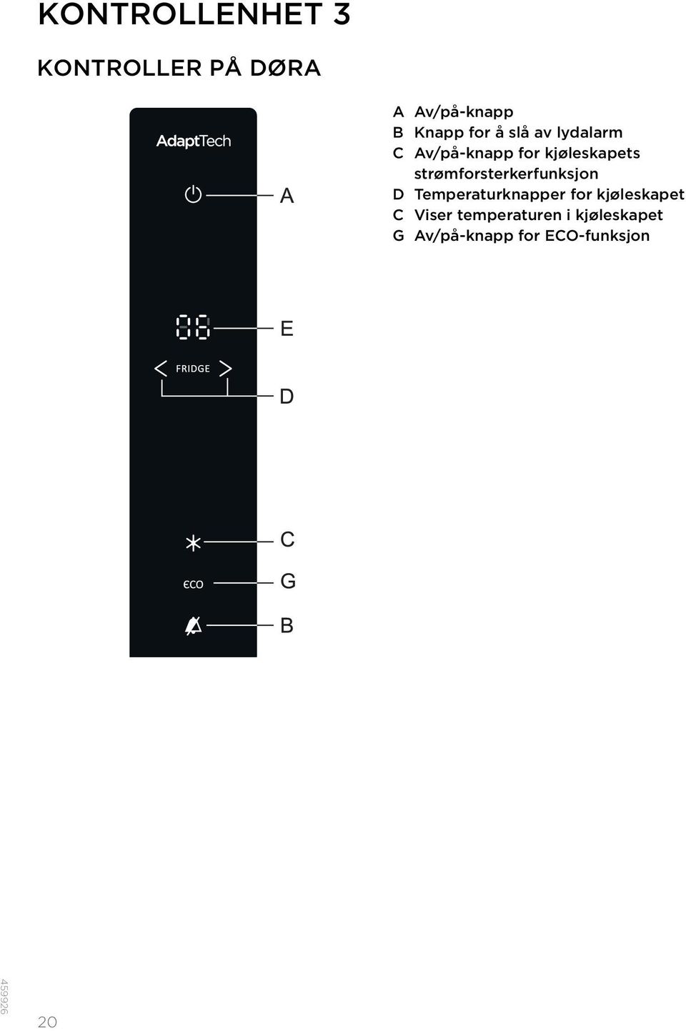 strømforsterkerfunksjon D Temperaturknapper for kjøleskapet