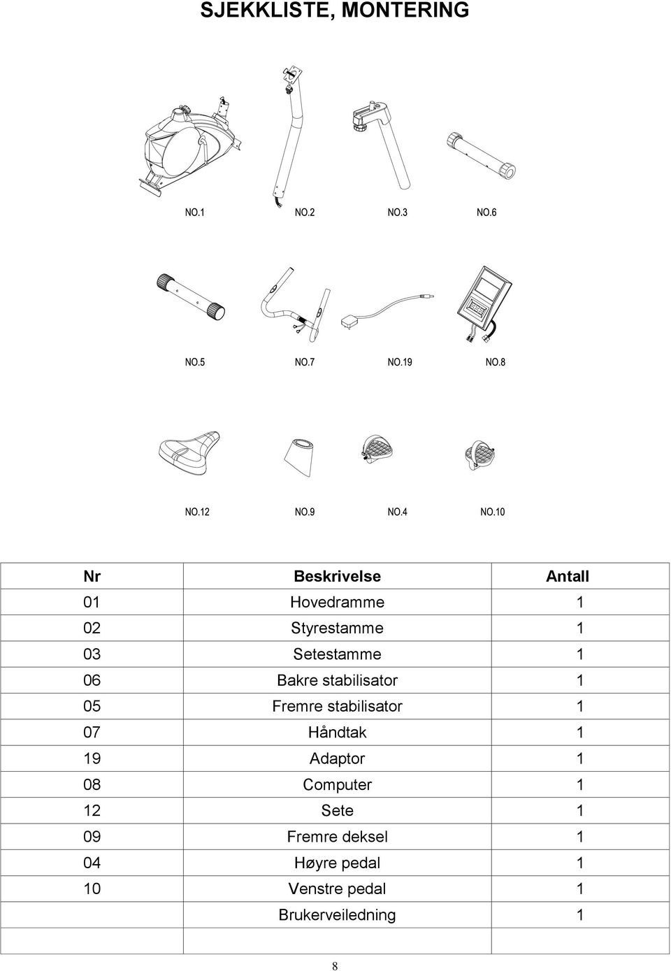 stabilisator 1 07 Håndtak 1 19 Adaptor 1 08 Computer 1 12 Sete 1