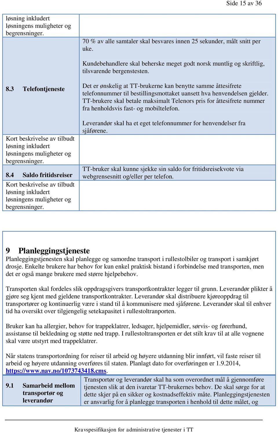 TT-brukere skal betale maksimalt Telenors pris for åttesifrete nummer fra henholdsvis fast- og mobiltelefon. Leverandør skal ha et eget telefonnummer for henvendelser fra sjåførene.