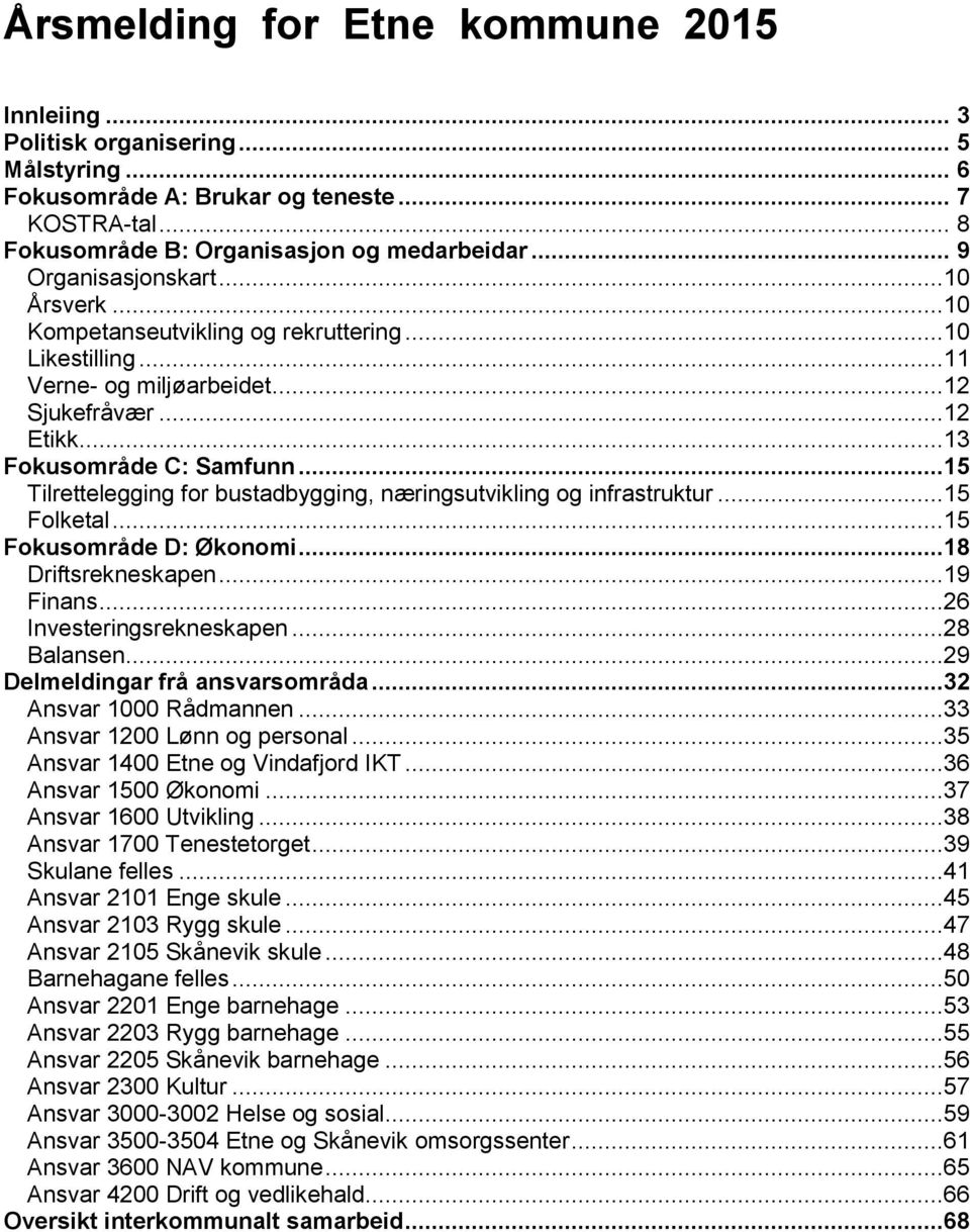 ..15 Tilrettelegging for bustadbygging, næringsutvikling og infrastruktur...15 Folketal...15 Fokusområde D: Økonomi...18 Driftsrekneskapen...19 Finans...26 Investeringsrekneskapen...28 Balansen.