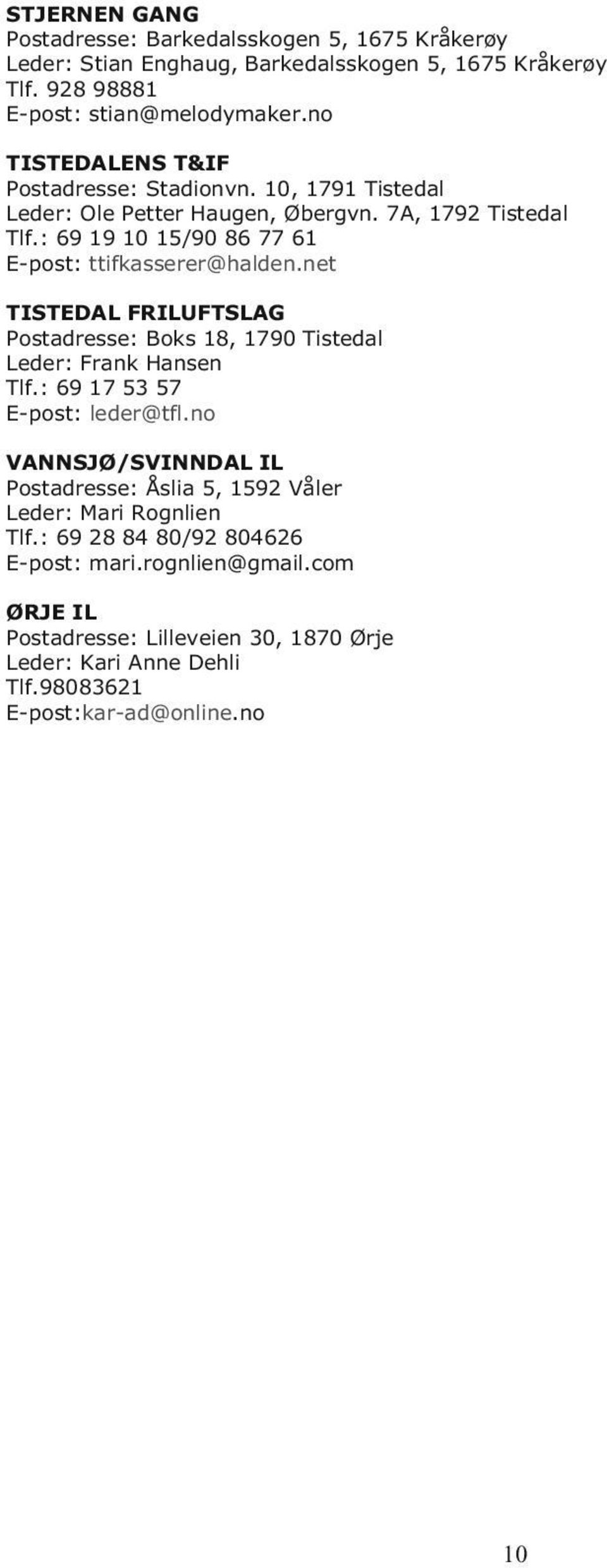 net TISTEDAL FRILUFTSLAG Postadresse: Boks 18, 1790 Tistedal Leder: Frank Hansen Tlf.: 69 17 53 57 E-post: leder@tfl.