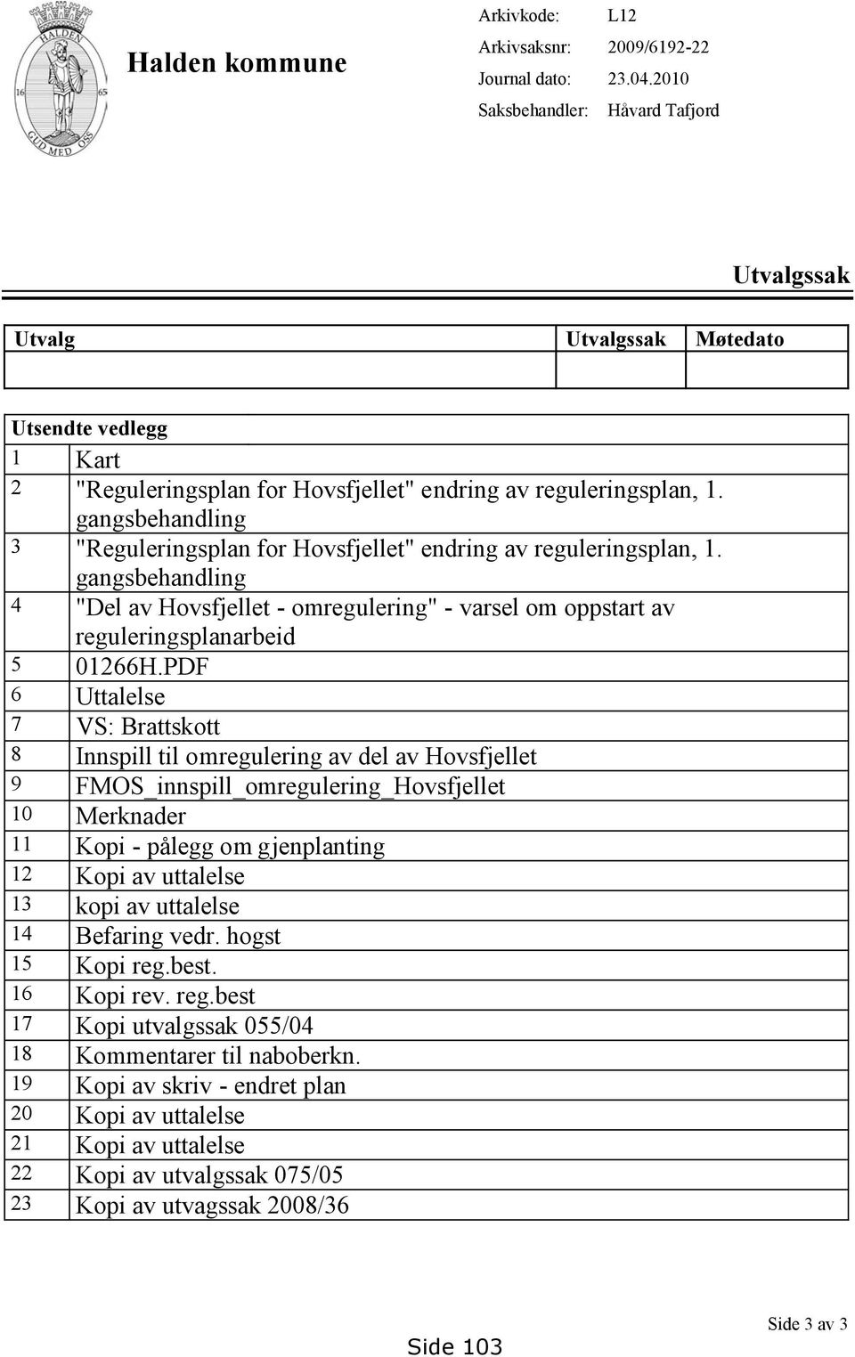 gangsbehandling 3 "Reguleringsplan for Hovsfjellet" endring av reguleringsplan, 1. gangsbehandling 4 "Del av Hovsfjellet - omregulering" - varsel om oppstart av reguleringsplanarbeid 5 01266H.