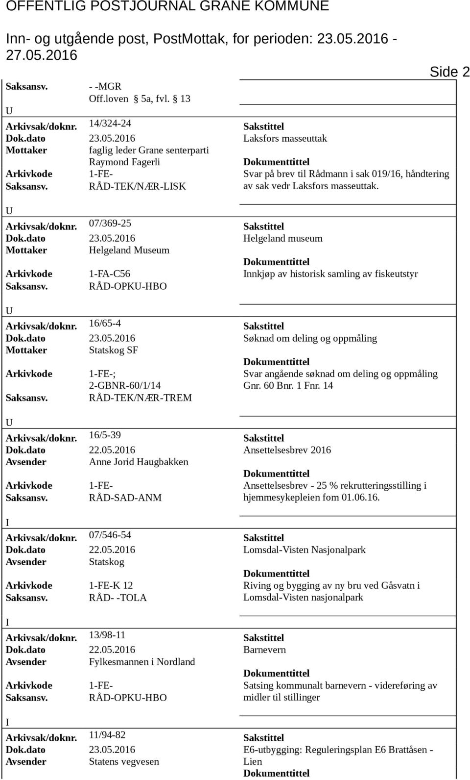 2016 Laksfors masseuttak Mottaker faglig leder Grane senterparti Raymond Fagerli Arkivkode 1-FE- Svar på brev til Rådmann i sak 019/16, håndtering Saksansv.