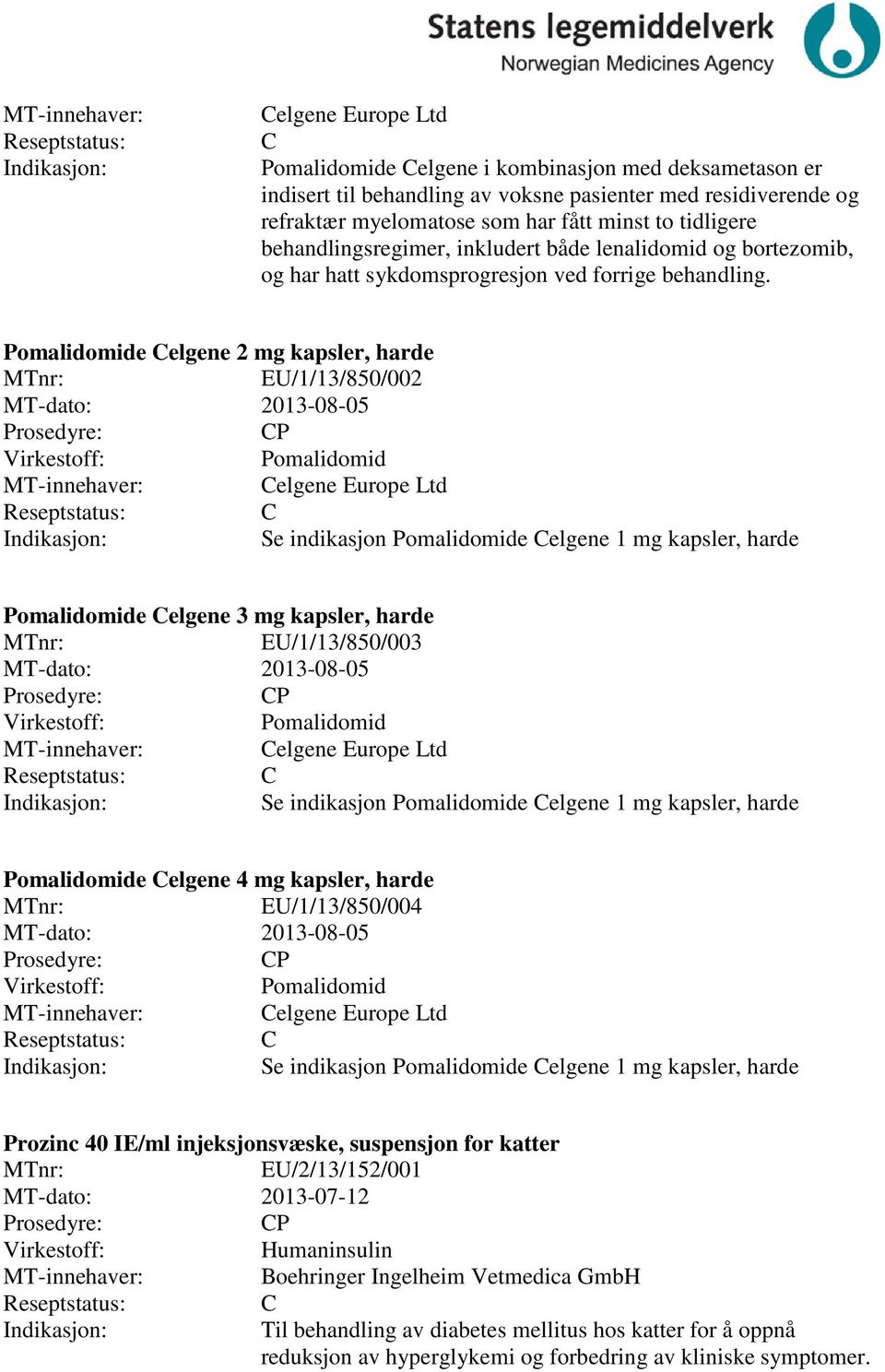 Pomalidomide elgene 2 mg kapsler, harde EU/1/13/850/002 MT-dato: 2013-08-05 P Pomalidomid elgene Europe Ltd Se indikasjon Pomalidomide elgene 1 mg kapsler, harde Pomalidomide elgene 3 mg kapsler,
