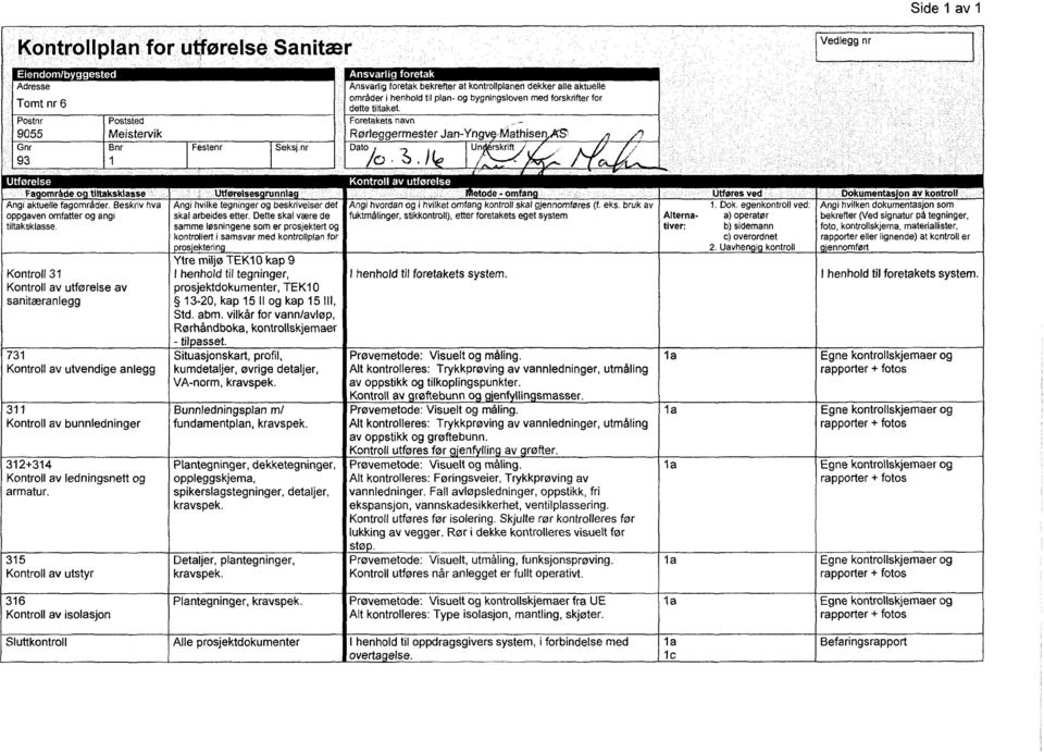 Foretakets navn Rørleggermester Jan-Yngve-MathisenS Un rs,1ecrify vedlegg nr Utførelse Fagområdeog thtaksksse - Utførelsesgrunng Angi aktuelle fagområder.