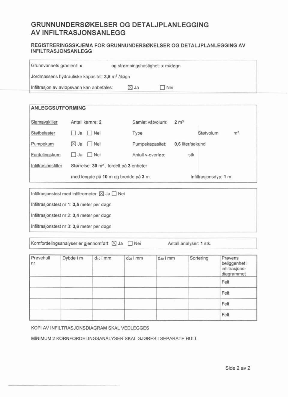 Ja Ej Nei E Ja E Nei Samlet våtvolum: 2 m3 Type Støtvolum m3 Pumpekapasitet: 0,6 liter/sekund Antall v-overløp: stk Infiltrasionsfilter Størrelse: 30 rn2, fordelt på 3 enheter med lengde på 10 m og