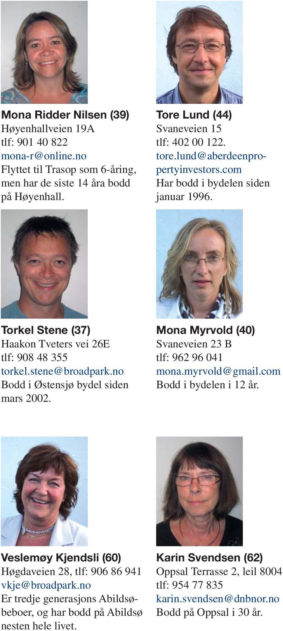 stene@broadpark.no Bodd i Østensjø bydel siden mars 2002. Mona Myrvold (40) Svaneveien 23 B tlf: 962 96 041 mona.myrvold@gmail.com Bodd i bydelen i 12 år.