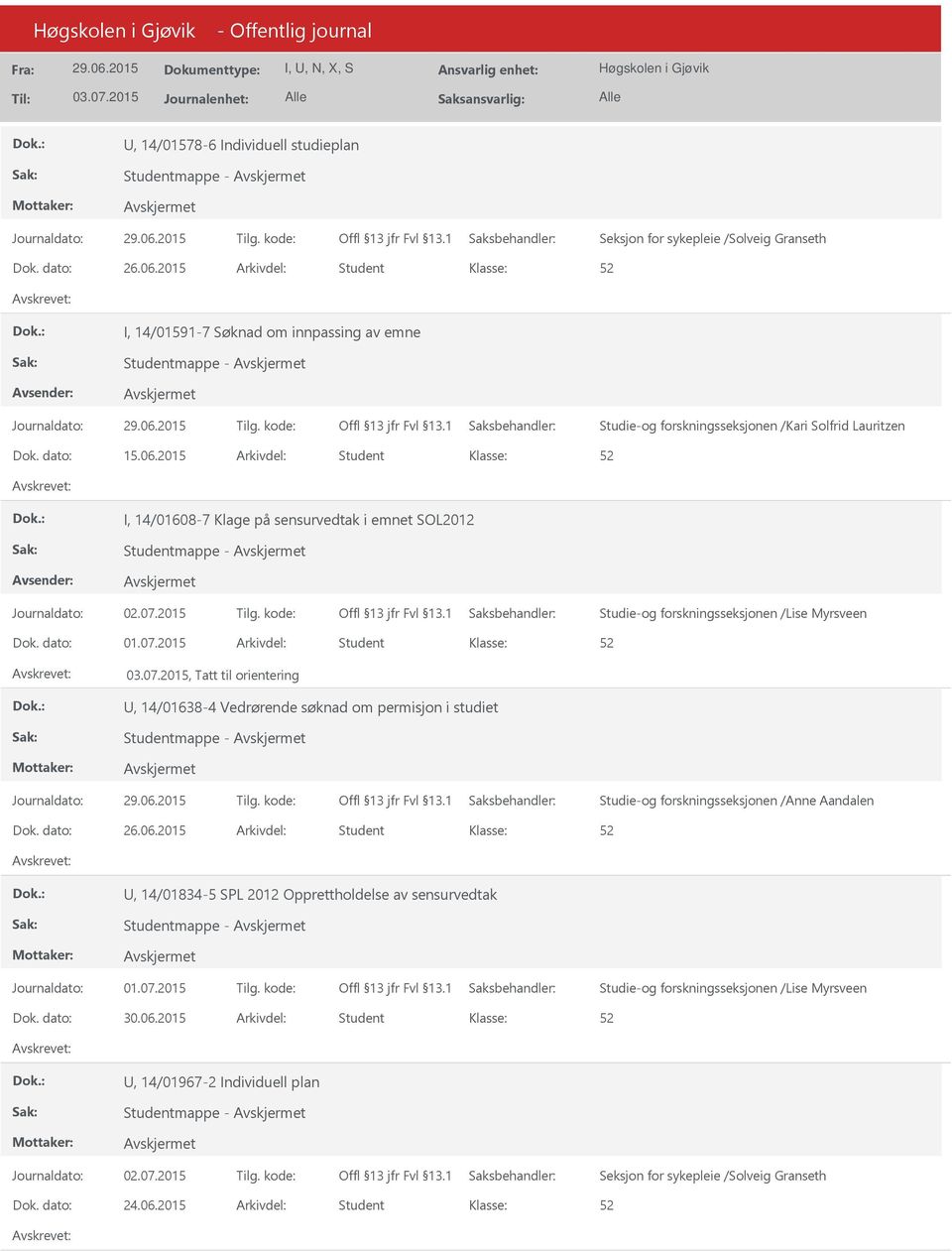 2015 Arkivdel: Student I, 14/01608-7 Klage på sensurvedtak i emnet SOL2012 Studentmappe - Studie-og forskningsseksjonen /Lise Myrsveen Dok. dato: 01.07.