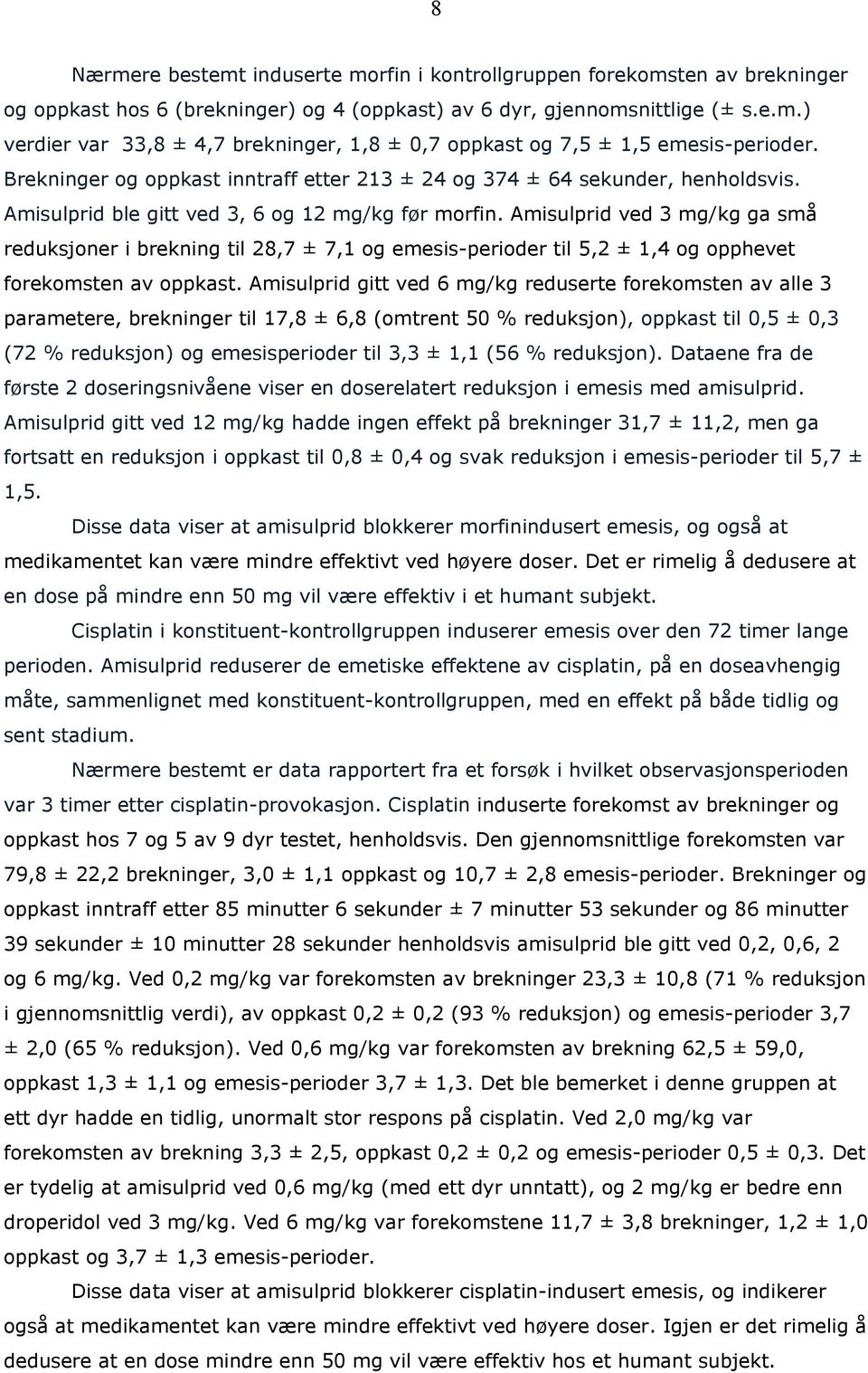 Amisulprid ved 3 mg/kg ga små reduksjoner i brekning til 28,7 ± 7,1 og emesis-perioder til 5,2 ± 1,4 og opphevet forekomsten av oppkast.