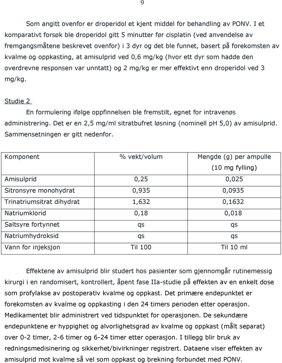 amisulprid ved 0,6 mg/kg (hvor ett dyr som hadde den overdrevne responsen var unntatt) og 2 mg/kg er mer effektivt enn droperidol ved 3 mg/kg.