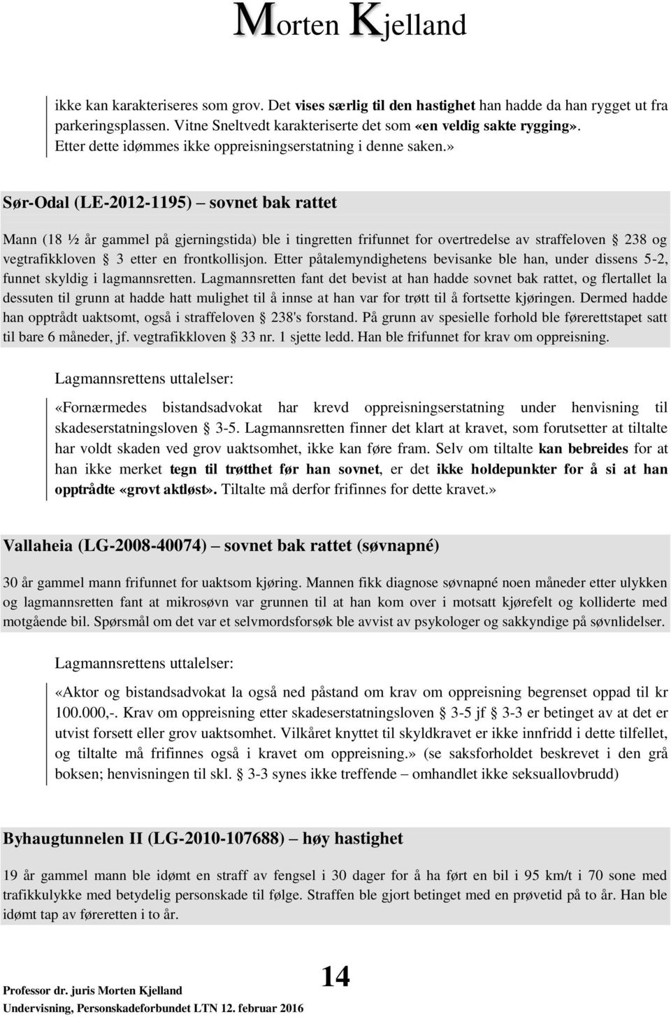 » Sør-Odal (LE-2012-1195) sovnet bak rattet Mann (18 ½ år gammel på gjerningstida) ble i tingretten frifunnet for overtredelse av straffeloven 238 og vegtrafikkloven 3 etter en frontkollisjon.