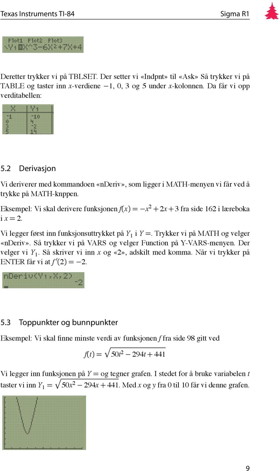 Eksempel: Vi skal derivere funksjonen f(x) = x 2 + 2x + 3 fra side 162 i læreboka i x = 2. Vi legger først inn funksjonsuttrykket på Y 1 i Y =. Trykker vi på MATH og velger «nderiv».