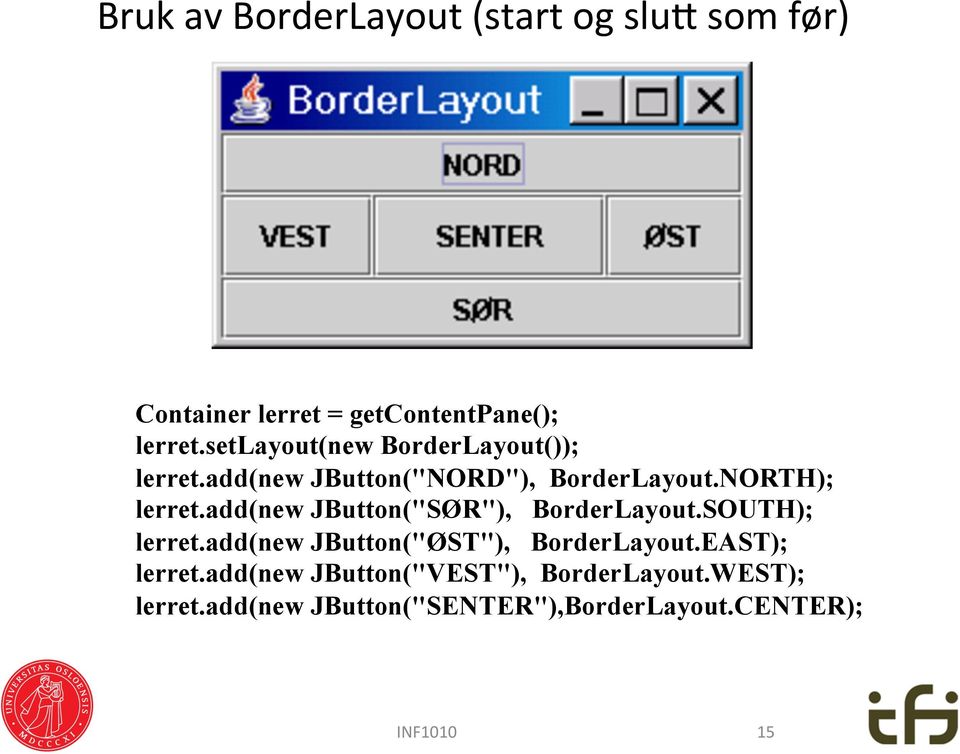 add(new JButton("SØR"), BorderLayout.SOUTH); lerret.add(new JButton("ØST"), BorderLayout.