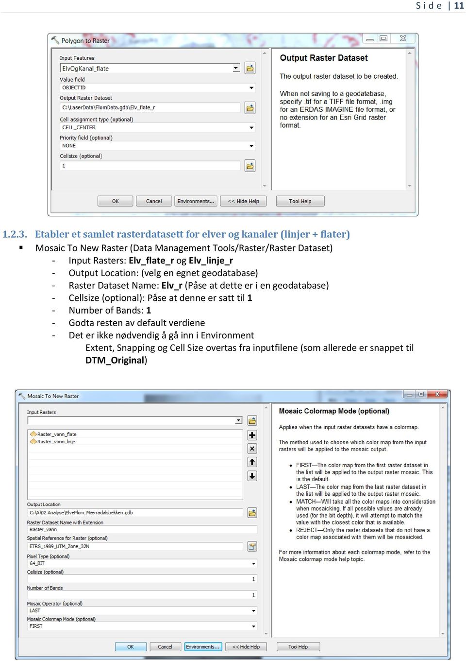 - Input Rasters: Elv_flate_r og Elv_linje_r - Output Location: (velg en egnet geodatabase) - Raster Dataset Name: Elv_r (Påse at dette er i