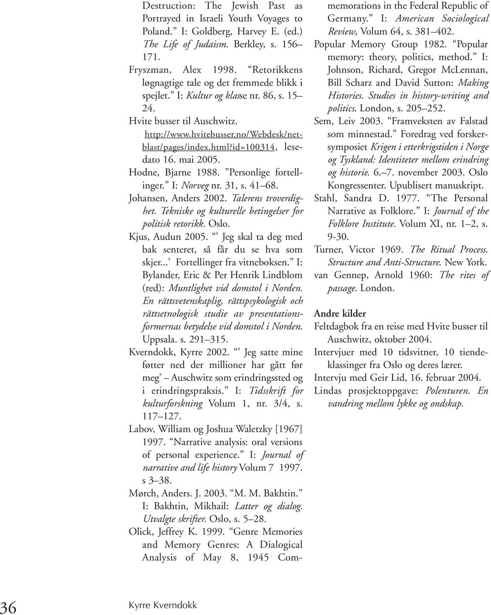 id=100314, lesedato 16. mai 2005. Hodne, Bjarne 1988. Personlige fortellinger. I: Norveg nr. 31, s. 41 68. Johansen, Anders 2002. Talerens troverdighet.