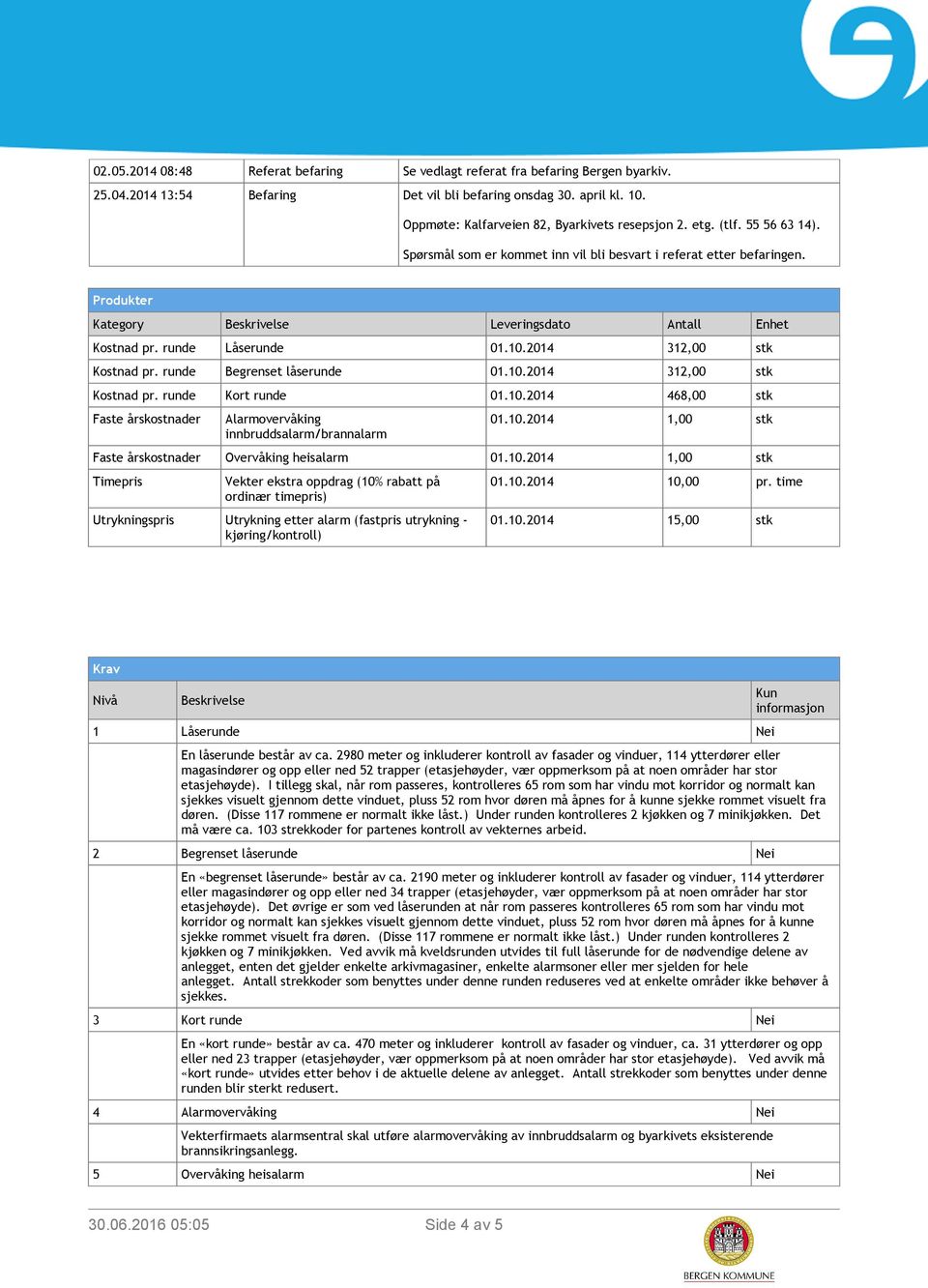 Produkter Kategory Leveringsdato Antall Enhet Kostnad pr. runde Låserunde 01.10.2014 312,00 stk Kostnad pr. runde Begrenset låserunde 01.10.2014 312,00 stk Kostnad pr. runde Kort runde 01.10.2014 468,00 stk Faste årskostnader Alarmovervåking innbruddsalarm/brannalarm 01.