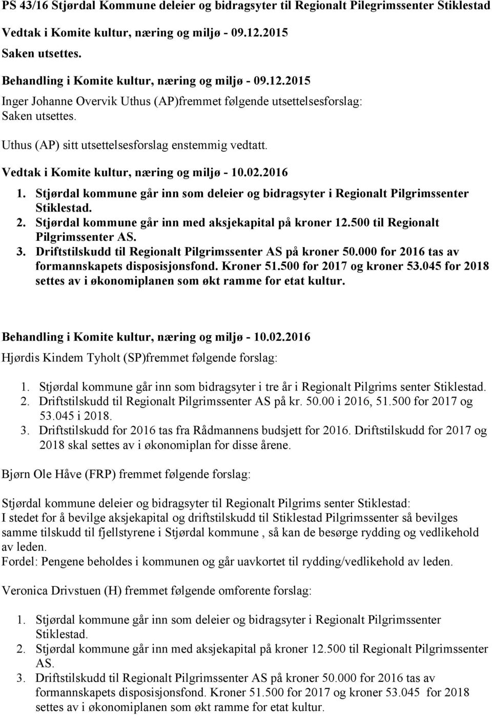 Vedtak i Komite kultur, næring og miljø - 10.02.2016 1. Stjørdal kommune går inn som deleier og bidragsyter i Regionalt Pilgrimssenter Stiklestad. 2.