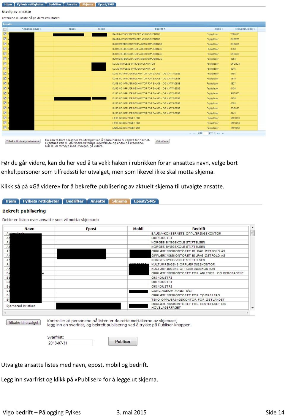 Klikk så på «Gå videre» for å bekrefte publisering av aktuelt skjema til utvalgte ansatte.