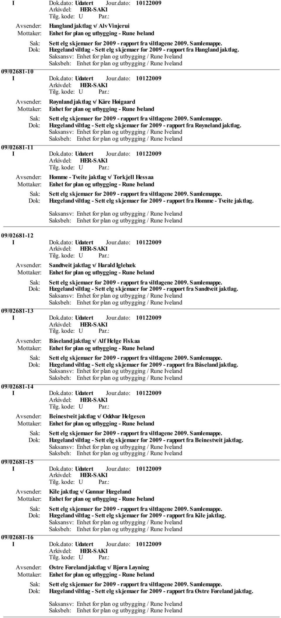 09/02681-11 Homme - Tveite jaktlag v/ Torkjell Hessaa Hægeland viltlag - Sett elg skjemaer for 2009 - rapport fra Homme - Tveite jaktlag.