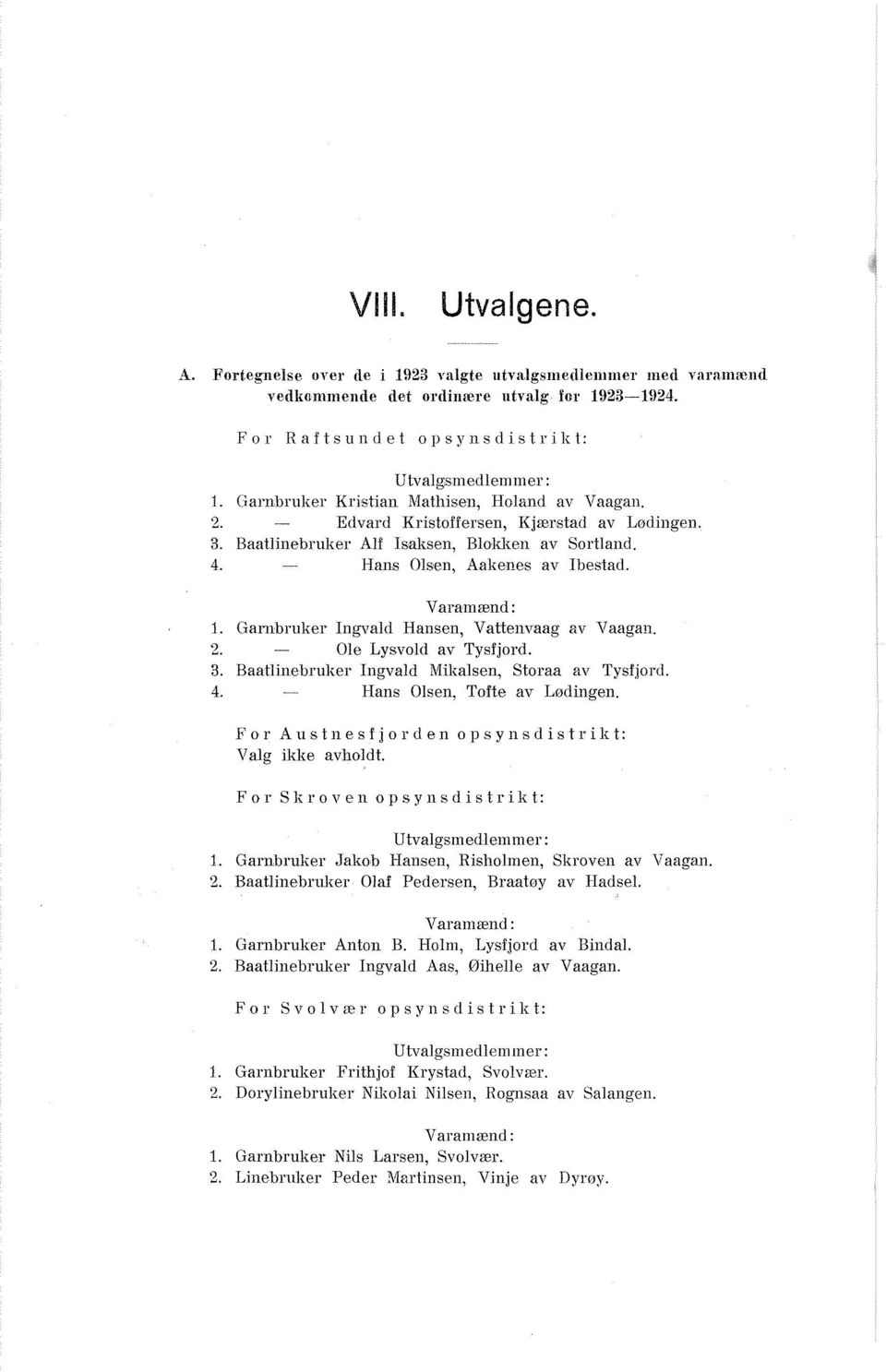 Garnbruker Ingvald Hansen, Vattenvaag av Vaagan. 2. Ole Lysvold av Tysfjord. 3. Baatlinebruker Ingvald Mikalsen, Storaa av Tysfjord. 4. Hans Olsen, Tofte av Lødingen.