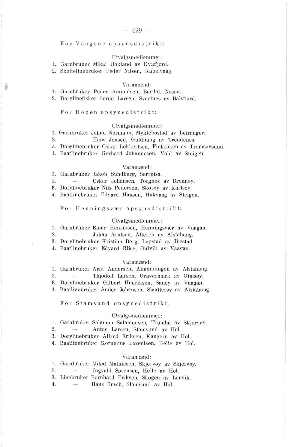 Baatlinebruker Gerhard Johannesen, Vold av Steigen. 1. Garnbruker Jakob Sunclberg, Sørreisa. 2. Oskar Johansen, Torgnes av Brøm10y. 3. Dorylinebruker Nils Pedersen, Skorøy av Karlsøy. 4.