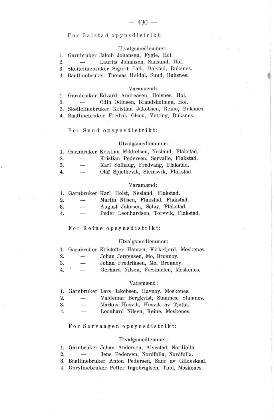 Baatlinebruker Fredrik Olsen, Vetting, Buksnes. For Sund opsynsdistrikt: 1. Garnbruker Kristian Mikkelsen, Nesland, Flakstad. 2. Kristian Pedersen, Sørvalle, Flakstad. 3.