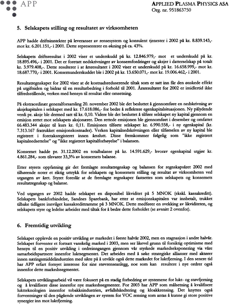 Det er foretatt nedskrivninger av konsernfordringer og aksjer i datterselskap pi totalt kr. 3.979.48,-. Dette resulterer i at irsresultatet i 22 viser et underskudd pa kr. 16.658.999,- mot kr. 18.687.