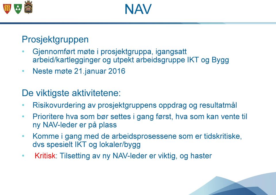 januar 2016 De viktigste aktivitetene: Risikovurdering av prosjektgruppens oppdrag og resultatmål Prioritere hva som