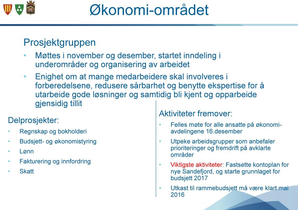 Regnskap og bokholderi Budsjett- og økonomistyring Lønn Fakturering og innfordring Skatt Felles møte for alle ansatte på økonomiavdelingene 16.