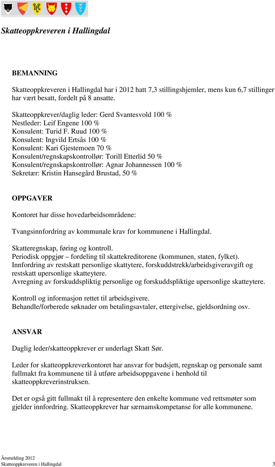 Ruud 100 % Konsulent: Ingvild Ertsås 100 % Konsulent: Kari Gjestemoen 70 % Konsulent/regnskapskontrollør: Torill Etterlid 50 % Konsulent/regnskapskontrollør: Agnar Johannessen 100 % Sekretær: Kristin