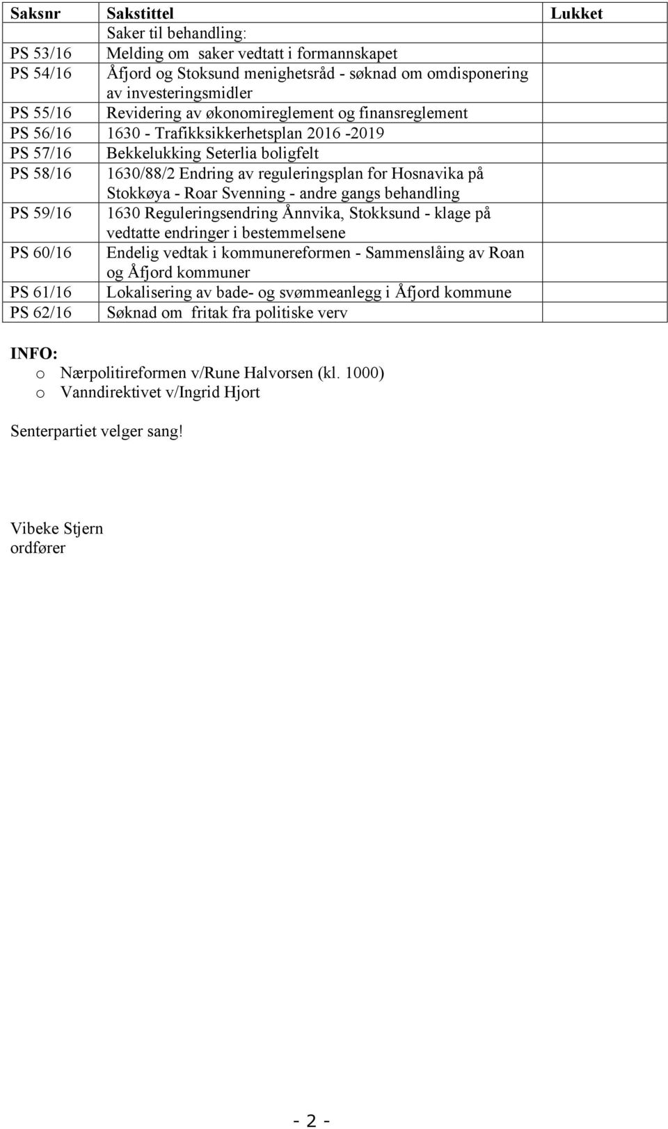 på Stokkøya - Roar Svenning - andre gangs behandling PS 59/16 1630 Reguleringsendring Ånnvika, Stokksund - klage på vedtatte endringer i bestemmelsene PS 60/16 Endelig vedtak i kommunereformen -