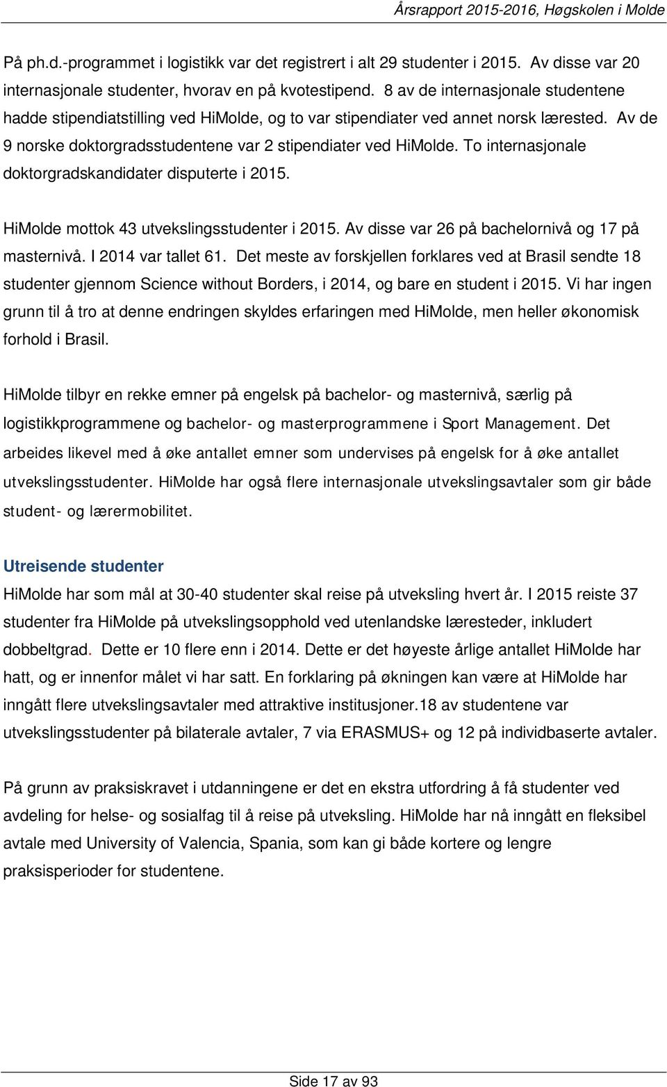 To internasjonale doktorgradskandidater disputerte i 2015. HiMolde mottok 43 utvekslingsstudenter i 2015. Av disse var 26 på bachelornivå og 17 på masternivå. I 2014 var tallet 61.