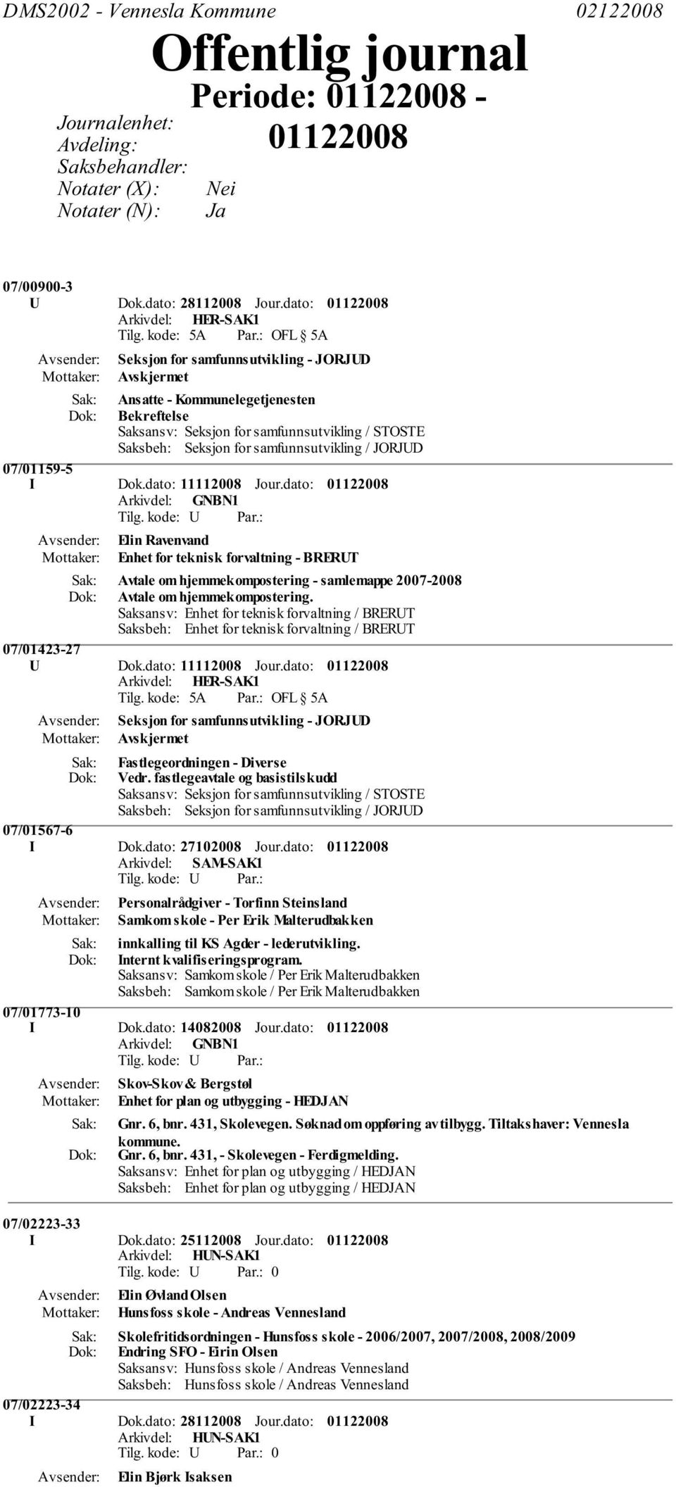 dato: Elin Ravenvand Mottaker: Enhet for teknisk forvaltning - BRERUT Avtale om hjemmekompostering - samlemappe 2007-2008 Avtale om hjemmekompostering.