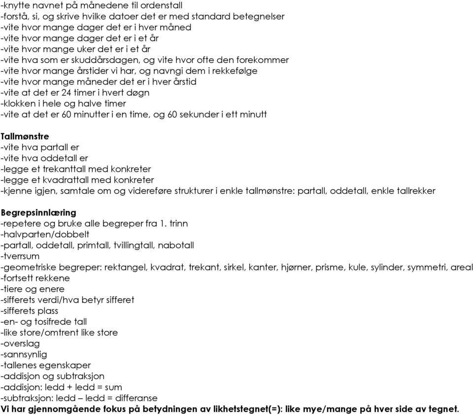 årstid -vite at det er 24 timer i hvert døgn -klokken i hele og halve timer -vite at det er 60 minutter i en time, og 60 sekunder i ett minutt Tallmønstre -vite hva partall er -vite hva oddetall er