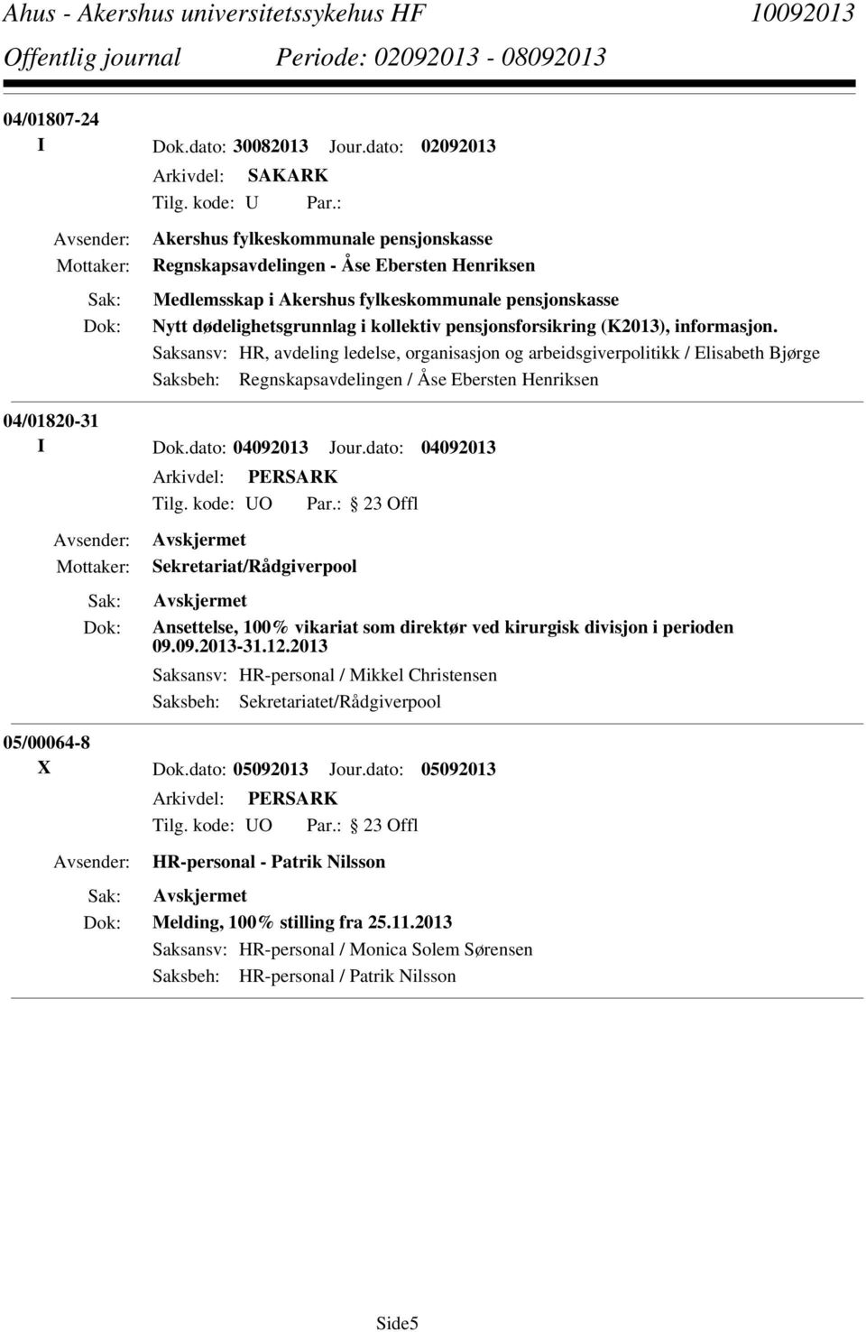 (K2013), informasjon. Saksansv: HR, avdeling ledelse, organisasjon og arbeidsgiverpolitikk / Elisabeth Bjørge Saksbeh: Regnskapsavdelingen / Åse Ebersten Henriksen 04/01820-31 I Dok.