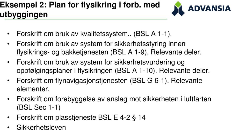 Forskrift om bruk av system for sikkerhetsvurdering og oppfølgingsplaner i flysikringen (BSL A 1-10). Relevante deler.