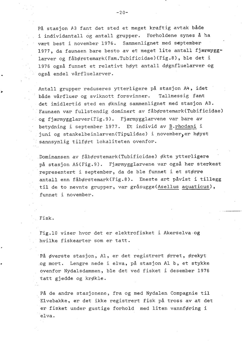 8), ble det i 1976 også funnet et relativt høyt antall døgnfluelarver og også endel vårfluelarver. Antall grupper reduseres ytterligere på stasjon A4, idet både vårfluer og sviknott forsvinner.