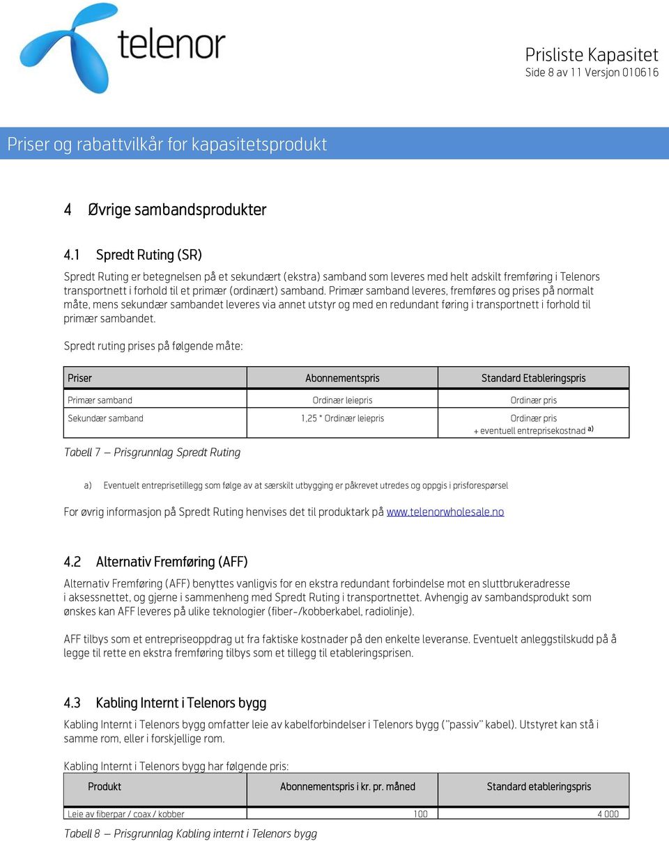 Primær samband leveres, fremføres og prises på normalt måte, mens sekundær sambandet leveres via annet utstyr og med en redundant føring i transportnett i forhold til primær sambandet.