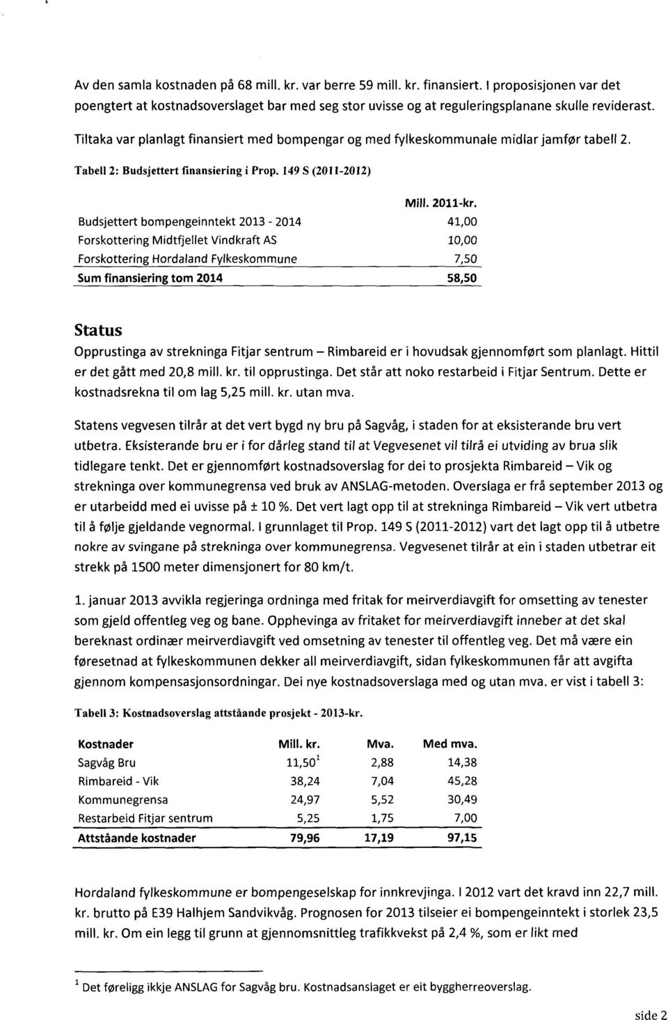 Budsjettert bompengeinntekt 2013-2014 41,00 Forskottering Midtfjellet Vindkraft AS 10,00 Forskottering Hordaland Fylkeskommune 7,50 Sum finansiering tom 2014 58,50 StatUS Opprustinga av strekninga