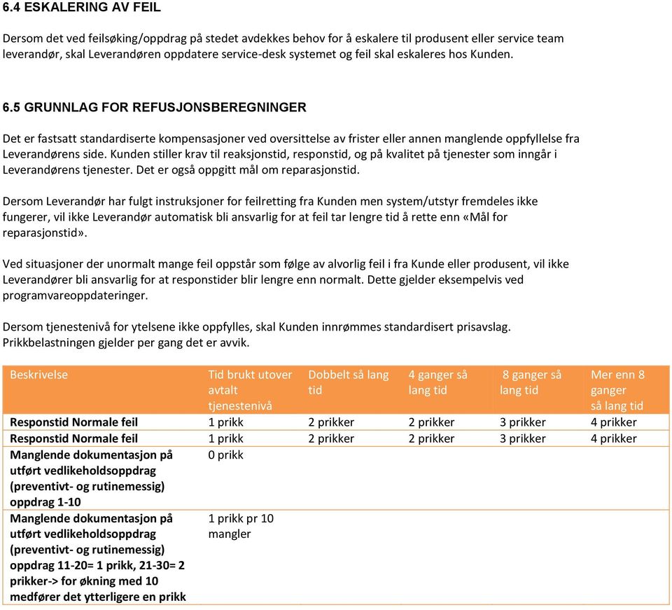 Kunden stiller krav til reaksjonstid, responstid, og på kvalitet på tjenester som inngår i Leverandørens tjenester. Det er også oppgitt mål om reparasjonstid.