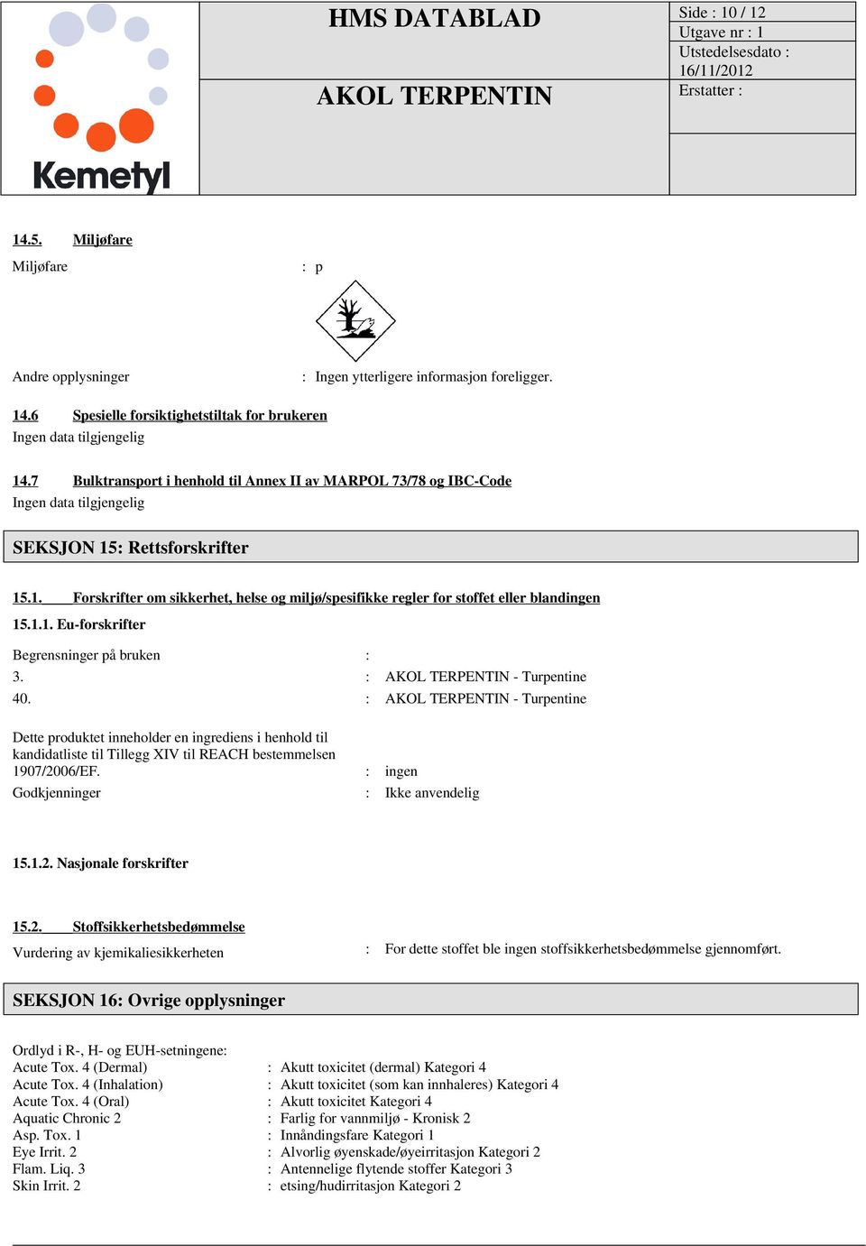 1.1. Eu-forskrifter Begrensninger på bruken : 3. : - Turpentine 40.